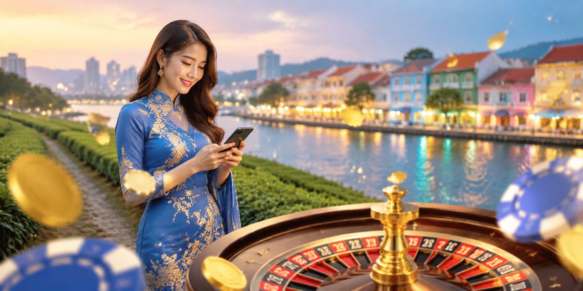 Pemain wanita bermain roulette kasino 330i di Pulau Pinang dengan telefon